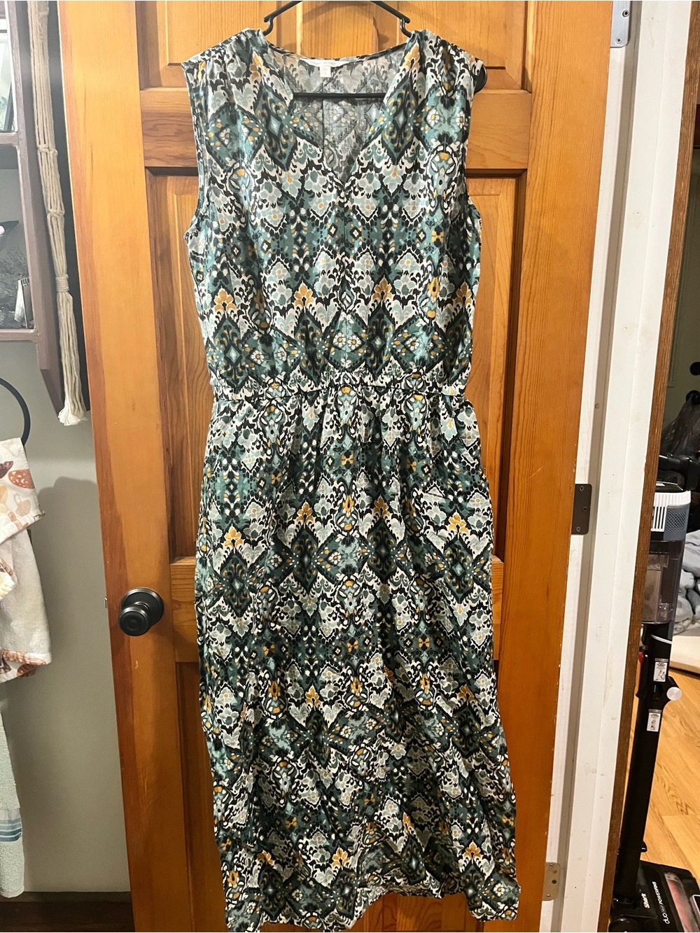 Garnet Hill Linen Maxi Dress 8 Green Side Slits Pockets Lagenlook Granola - Picture 2 of 11